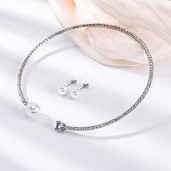 Нержавеющая Сталь Цвет Круглые пластиковые серьги-гвоздики с имитацией жемчуга и квадратные ожерелья-чокеры с кубическими цирконами и стразами, 304 комплект украшений из нержавеющей стали для женщин, цвет нержавеющей стали, внутренний диаметр: 4.43 дюйм (112.5 мм)