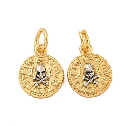Плоский Круглый Долговечные латунные подвески, с прыжковых колец, настоящее 18k позолота и старинное серебро, череп, плоско-круглые, 15x12x3 мм, отверстие : 4 мм