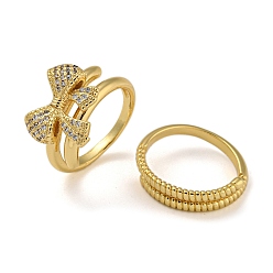 Настоящее золото 18K Двойные кольца из латуни с бантом и микро-паве с прозрачным фианитом, для женщин, без кадмия и без свинца, реальный 18 k позолоченный, внутренний диаметр: 19.2 мм, бант : 14.5x17 мм, 2 шт / комплект