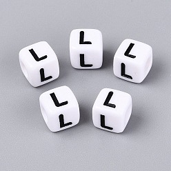 Letter L Opaque Acrylic Beads, Cube with Number, with Enamel, Black, Letter L, 7.5~8x7.5~8x8~8.5mm, Hole: 3.6~4mm, about 1200pcs/500g