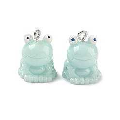 Бледно-бирюзовый Непрозрачные подвески смолы, очарование лягушки, с железной платиной петлей, бледные бирюзовая, 19.5~21x15x15 мм, отверстие : 2 мм