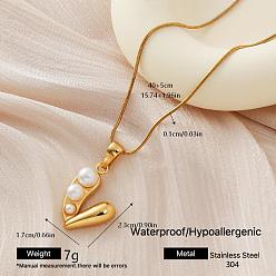 Сердце 304 Подвеска из нержавеющей стали с искусственным жемчугом, круглая цепочка-змейка для женщин, золотые, белые, сердце, 15.75 дюйм (40 см)