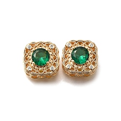 Зеленый Латунные стеклянные бусины, без кадмия, без никеля и без свинца, реальный 18 k позолоченный, квадратный, зелёные, 13.5x13.5x7.5 мм, отверстие : 1.8 мм