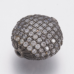 Gunmetal Brass Micro Pave Cubic Zirconia Beads, Lead Free & Cadmium Free, Flat Round, Gunmetal, 14.5x14.5x9mm, Hole: 1mm