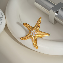 Настоящее золото 18K Регулируемые кольца из нержавеющей стали для женщин, морская звезда, с имитацией жемчуга, реальный 18 k позолоченный, 40.5 мм