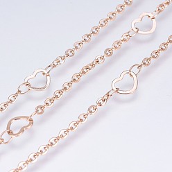 Rose Gold Ion Plating(IP) 304 Stainless Steel Cable Chains, with Heart Link, Soldered, with Spool, Flat Oval, Rose Gold, 5x6.4x0.4mm, Link: 2.8x2x0.3mm, about 32.8 Feet(10m)/roll