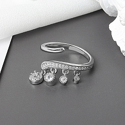 Платина Латунные кольца из манжеты с прозрачным цирконием, кольцо с подвесками, платина, внутренний диаметр: регулируемый