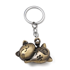 Or Antique Porte-clés alliage, Maneki neko / chat faisant signe, avec les accessoires en fer, Or antique, 90mm
