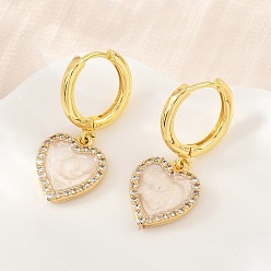 Blanc Boucles d'oreilles créoles pendantes en laiton serties de micro-pavés de zirconiums cubiques, cœur, avec l'émail, sans plomb et sans cadmium, crémaillère plaquage, plaqué longue durée, réel 18 k plaqué or, blanc, 28x12mm