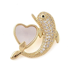 Настоящее золото 18K Латунные микропаве прозрачные подвески с фианитом, без кадмия и без свинца, с оболочкой, сердце и рыба, реальный 18 k позолоченный, 23x16.5x7.5 мм, отверстие : 5.5 мм