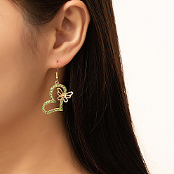 Перидот Висячие серьги из сплава со стразами в форме сердца и бабочки, золотые, перидот, 45x15 мм