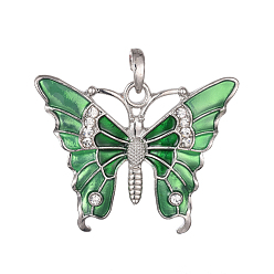Grün Legierung Schmelz große Anhänger, mit Strass, Schmetterling, Silberfarbe überzogen, grün, 41.5~44x53.5x4 mm, Bohrung: 5x8 mm