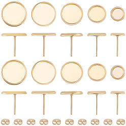 Real 18K Gold Plated 50Pcs 5 Styles 304 Stainless Steel Stud Earring Findings, Cabochon Settings, with 50Pcs Ear Nuts, Flat Round, Real 18K Gold Plated, Tray: 6~14mm, 8~16x1.5~2mm, Pin: 0.8mm, 10pcsc/style