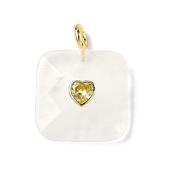 Хрусталь Ограненные подвески из натуральных кристаллов кварца, Квадратные подвески из горного хрусталя с фурнитурой из кубического циркония, инкрустированной латунью., золотые, 33.5~35x25.5x8~8.5 мм, отверстие : 4 мм