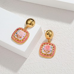 Pink День святого Валентина 304 серьги-гвоздики из нержавеющей стали с подвесками, площадь с цветочным узором, золотые, розовые, 38x21 мм