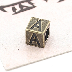Letter A Европейские бусины из антикварного бронзового сплава, бусины с большим отверстием, куб с письмом, буква a, 7x7x7 мм, отверстие : 5 мм