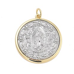 Платиновый & Золотой Латунные подвески, с целью перехода в кольце, долговечный, без кадмия и без свинца, плоский круглый с подвесками Девы Марии, платиной и золотом, 31.5x28x3.5 мм, отверстие : 4 мм