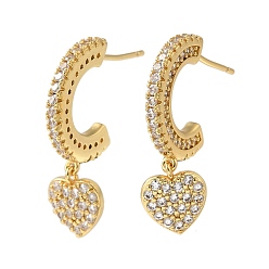 Настоящее золото 18K Серьги-пусеты из латуни с микропаве и прозрачным фианитом, без кадмия и без свинца, долговечный, сердце, реальный 18 k позолоченный, 26x9.5 мм