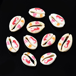 Crimson Printed Natural Cowrie Shell Beads, No Hole, Sea Horse Pattern, Crimson, 18~23x13~16x7~8mm