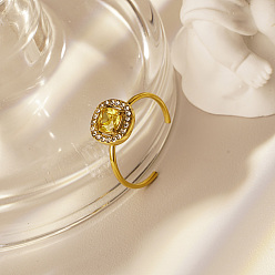 Желтый Регулируемые открытые манжеты из нержавеющей стали с микропаве из кубического циркония для женщин, квадратный, реальный 18 k позолоченный, желтые