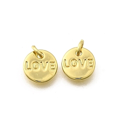 Настоящее золото 18K Латунь прелести, плоские круглые со словом "love", стойки покрытие, прочное покрытие, без кадмия и без свинца, с целью перехода в кольце, реальный 18 k позолоченный, 7.5x1.5 мм, отверстие : 2 мм