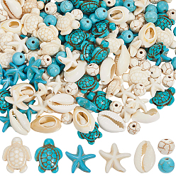 (52) Непрозрачная лаванда 180шт. 6 стили набор бусин из окрашенного синтетического хаулита, магнезита и бирюзы, с 20шт. бусинами из натуральной ракушки каури, черепаха круглая форма панциря морской звезды, разноцветные, 15.5x13.5x5.5 мм, отверстие : 1 мм