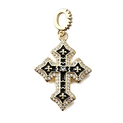 Черный Латунные эмалированные европейские подвески с подвесками, подвески с большим отверстием в форме креста из прозрачного кубического циркония, реальный 18 k позолоченный, стойки покрытие, долговечный, без свинца и без кадмия, чёрные, 30x21.5x3.5 мм, отверстие : 5.5x3.5 мм