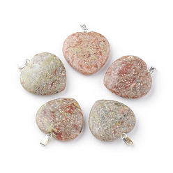 Унакит Природные подвески Unakite, с серебряными позолоченными выводами из сплава, сердце, 26~28x25~26x4.5~5 мм, отверстие : 2.5x5.5 мм