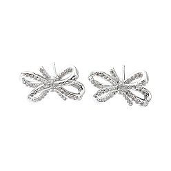 Platinum Rack Plating Brass Micro Pave Cubic Zirconia Stud Earring, Cadmium Free & Lead Free, Long-Lasting Plated, Bowknot, Platinum, 11x18mm