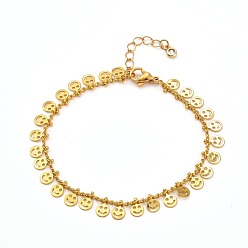 Golden Flat Round with Smiling Face Brass Charm Bracelets, with Curb Chains and Cubic Zirconia, Golden, 7-1/2 inch(19cm)