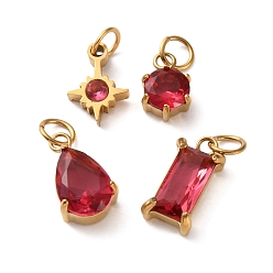 Crimson 4Pcs 4 Styles 304 Stainless Steel & Glass Pendants, Star & Flat Round & Teardrop & Rectangle, with Jump Ring, Faceted, Ion Plating(IP), Long-Lasting Plated, Crimson, 10~14x6.5~8x3~5mm, Hole: 3mm