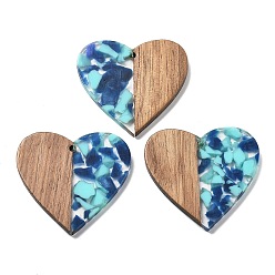 Бледно-бирюзовый Подвески из смолы и ореха, сердце, бледные бирюзовая, 37x38.5x2.5 мм, отверстие : 2 мм