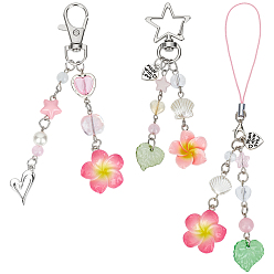 Pink 3Pcs 3 Styles Flower Acrylic & Imitation Pearl Pendant Decorations, with Alloy Swivel Clasps, for Bag Ornaments, Pink, 88~140mm, 1pc/style