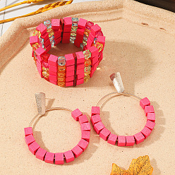 Темно-Розовый Многослойные браслеты и серьги в стиле бохо из сплава смолы и дерева для женщин, кубические, темно-розовыми, 70 мм