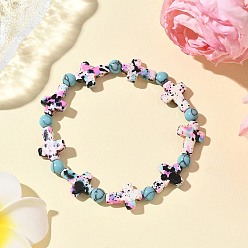 Фиолетовый Браслеты из синтетических бирюзовых бусин с крестом и круглыми бусинами, окрашенные в запекаемый цвет, для мужчин и женщин, фиолетовые, внутренний диаметр: 2-3/8 дюйм (6.15 см)