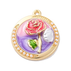 Ярко-Розовый Подвески из эмали и сплава, с ABS имитации жемчуга, без кадмия, без никеля и без свинца, стойки покрытие, плоский настил с цветочным шармом, золотые, ярко-розовый, 27.5x24.5x5 мм, отверстие : 1.8 мм