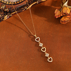 Golden Brass Pave Clear Cubic Zirconia Heart Tassel Long Pendant 304 Stainless Steel Cable Chain Necklaces for Women, Golden, 15.75 inch(40cm), Pendant: 55x9mm