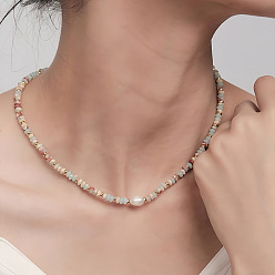 Золотой Ожерелья из натурального камня шоушань, натурального пресноводного жемчуга и латунных бусин-ронделей для женщин, золотые, 14.96 дюйм (38 см)