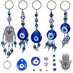 Platinum DIY Keychain Making, Handmade Lampwork Evil Eye Pendants, Resin & Porcelain Beads, Alloy Chandelier Components Links & Iron Split Key Rings, Waxed Cotton Thread Cords, Platinum, 12x10cm