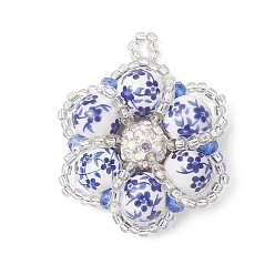 Синий Керамические изделия ручной работы из фарфора с печатным рисунком и подвесками из стекла в форме семян., , синие, 32x27x8 мм, отверстие : 3x1.5 мм