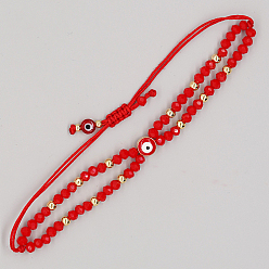 Red Brass Enamel Evil Eye & Glass Seed Braided Bead Bracelets, Adjustable Bracelet, Red, Inner Diameter: 11 inch(28cm)