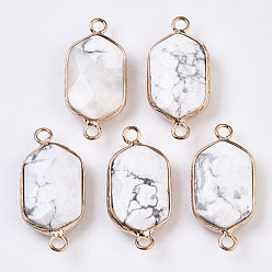 Говлит Соединители из натурального говлита, с фурнитурой из светлого позолоченного латуни, граненые, шестиугольник, белые, 29.5x14x6 мм, отверстие : 2 мм