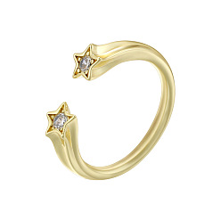 Прозрачный Латунные микропаве кубические цирконии манжеты открытые кольца для женщин, звезда, золотые, прозрачные, 17 мм