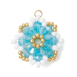 Небесно-голубой Стеклянные подвески, цветочный шарм, с 304 открытыми соединительными кольцами из нержавеющей стали и бусинами, граненые, голубой, 25~25.5x25~25.5x8 мм, отверстие : 2.7 мм