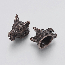 Красная Медь Сплавочные овальные бусины тибетского стиля , волк, Красная медь, 11x11.5x18 мм, отверстие : 1.6 мм