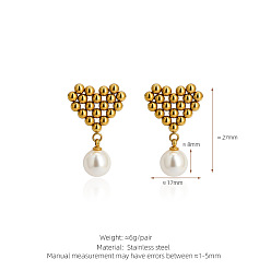 Сердце 304 Серьги-гвоздики из нержавеющей стали с искусственным жемчугом, золотые, сердце, 27 мм