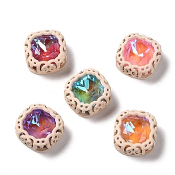 Морская Ракушка Шить на горный хрусталь, флуоресцентный стиль мокко, стекло горный хрусталь, с латунной фурнитурой , аксессуары для одежды, квадрат, разноцветные, цвет морской раковины, 12.5x12.5x6 мм