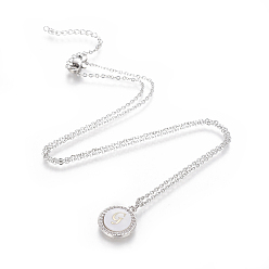 Letter G Brass Initial Pendant Necklaces, with Shell, Cubic Zirconia and 304 Stainless Steel Cable Chains, Flat Round with Letter, Letter.G, 17.5 inch(44.5cm), 1.5mm