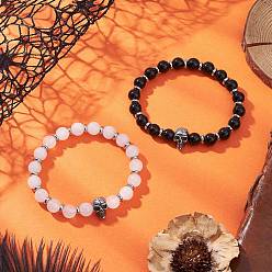 Mixed Color Natural Eyeless Obsidian and Malaysia Jade Stretch Bracelets, Skull, with 304 Stainless Steel Beads, Mixed Color, Inner Diameter: 2-1/8 inch(5.5cm), 2pcs/set