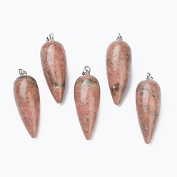 Родонит Натуральные родонитовые заостренные подвески, с платиновой и латунной фурнитурой, пуля, 32~33x12 мм, отверстие : 2.5x6 мм